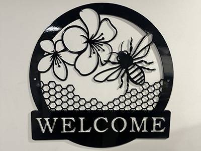 Metal Welcome Sign Featuring Bee and Flowers
